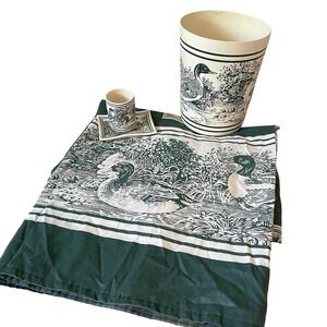 Vintage 70s MCM Wood Duck Shower Curtain Soap Dish Trash Can toothbrush Cup Set
